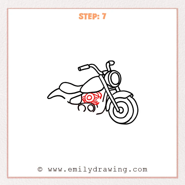 how to draw a cartoon motorcycle - Cartoon motorcycle sketch adds a round engine cover with an inner circle and several short parallel cooling lines beside it.